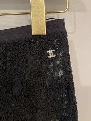 Chanel Black Textured Tulle Top and Cyclist Shorts Set with Camelia Details and Crystal CC Logos Size FR 34 (UK 6)
