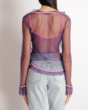 Chanel Vintage 03C Purple Lace Gilet and Multi-Colour Top Set with Pink Trims and See-Through Back Detail Size FR 38 (UK 10)