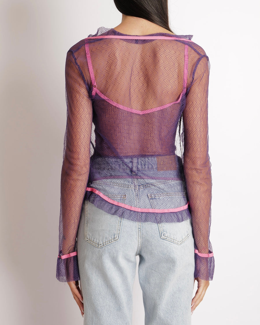 Chanel Vintage 03C Purple Lace Gilet and Multi-Colour Top Set with Pink Trims and See-Through Back Detail Size FR 38 (UK 10)