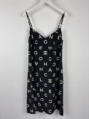 Chanel Vintage Runway 97S Black, White CC Logo Slip Dress and Jacket Set with CC Chanel Button Size FR 42 (UK 14)