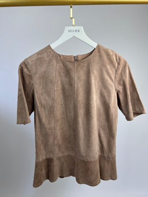 Brunello Cucinelli Nude Suede Short Sleeve Panelled Top with Zip Detail IT 42 (UK 10)