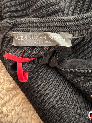 Alexander McQueen Fall 2017 Black Knit Ribbed Mini Dress with Red Leather Tie Details Size S (UK 8) RRP £2,800