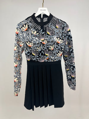 Self Portrait Black Floral Crochet Long Sleeve Mini Dress with Pleated Skirt Detail IT 42 (UK 10)