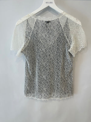 Chanel White and Black Lace Short Sleeve Top with Black CC Logo Detail Size FR 38 (UK 10)