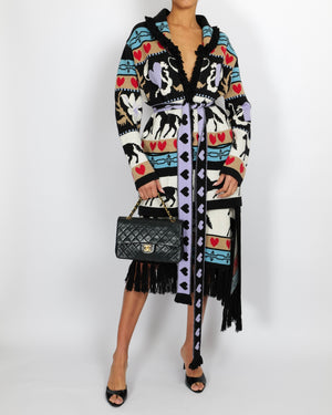 Hayley Menzies Black and Multi-Colour Wool Knitted Belted Cardigan and Midi Skirt Set with Horse, Flower and Heart Designs and Fringed Trims Detail Size S/L (UK 8/12)