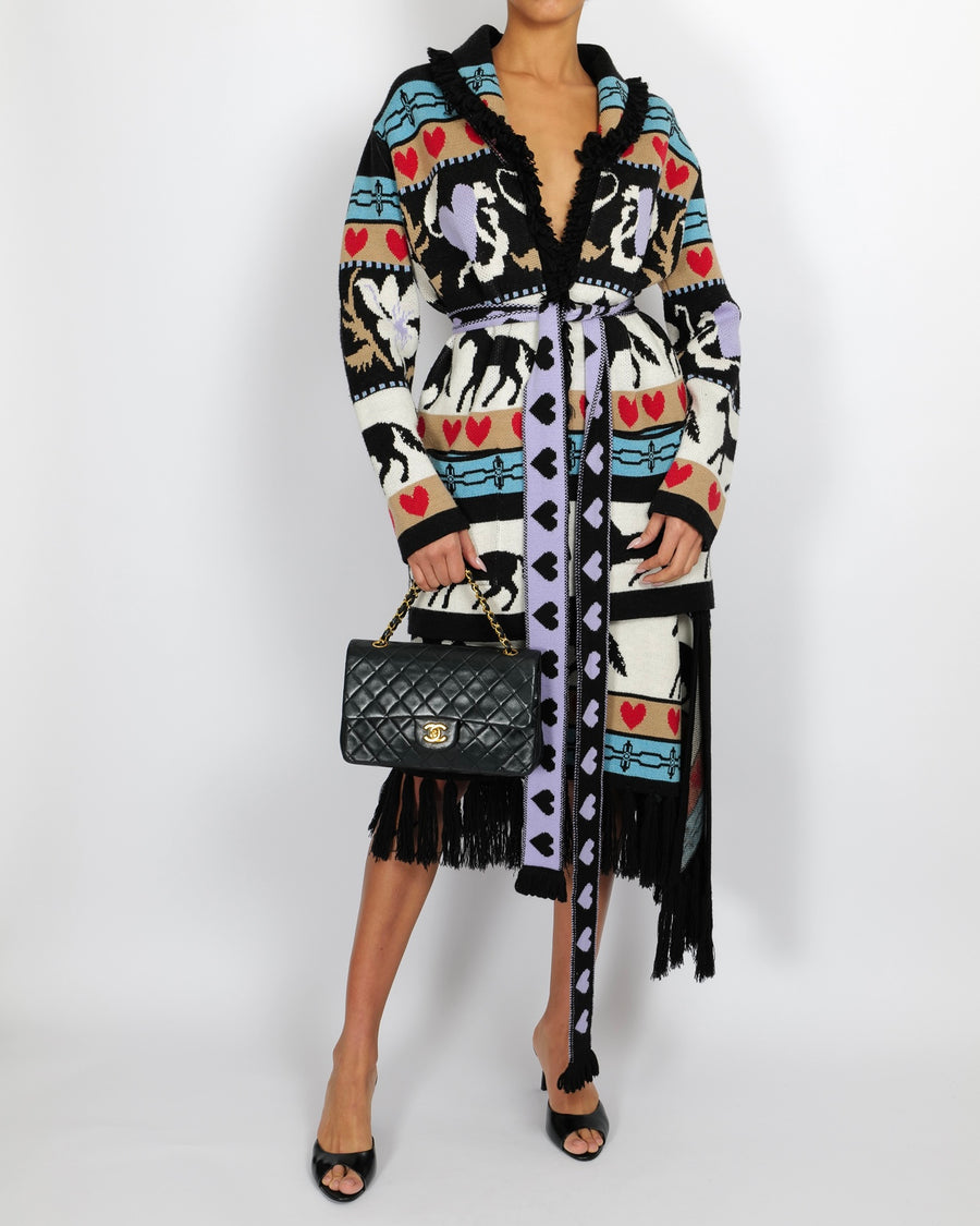 Hayley Menzies Black and Multi-Colour Wool Knitted Belted Cardigan and Midi Skirt Set with Horse, Flower and Heart Designs and Fringed Trims Detail Size S/L (UK 8/12)