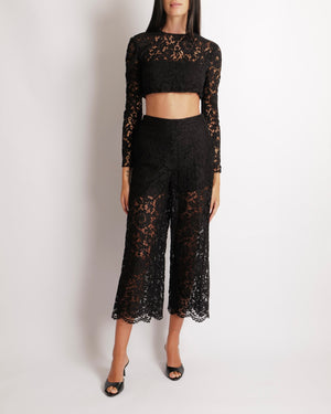 Valentino Black Lace Long-Sleeved Crop Top and Wide Trousers Set Size 40 (UK 8)