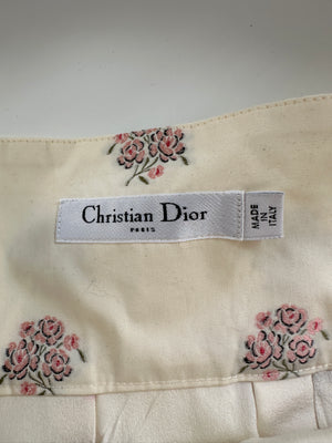 Christian Dior Cream and Pink Floral Print High-Waisted Mini Skirt with Pleated Detail Size FR 34 (UK 6)