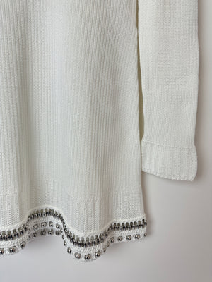 Paco Rabanne White Knitted Long Sleeve Dress with Silver Studs Detail Size M (UK 10)