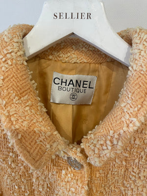 Chanel 96/P Peach Tweed Jacket with Silver CC Medallion Logo Buttons Size FR 36 (UK 8)