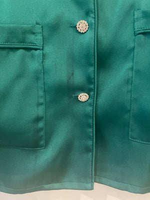 Nadine Merabi Green Satin Top and Trousers Set with Feather Trim Detail and Crystal Buttons Size UK 6/8