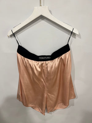 Tom Ford Light Pink Satin Shorts with Black Velours Waistband and Logo Detail Size IT 42 (UK 10)