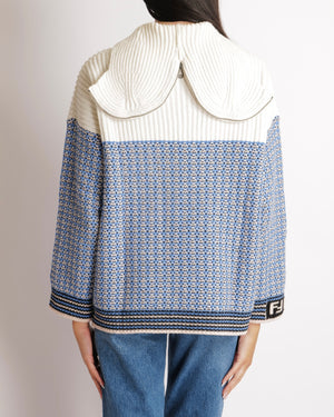 Fendi Blue and Cream Knit Cashmere Jumper with FF Logo Sleeve Details Size IT 38 (UK 6)