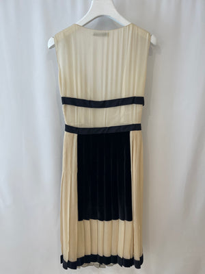 Prada Cream Silk Long Pleated Dress with Black Velvet and Crystal Details Size IT 40 (UK 8)