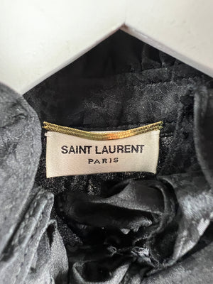 Saint Laurent Black Textured Silk Blouse with Neck Ruffle Detail, Sleeve Ruffle Detail, and Neck Tie Detail Size FR 38 (UK 10)