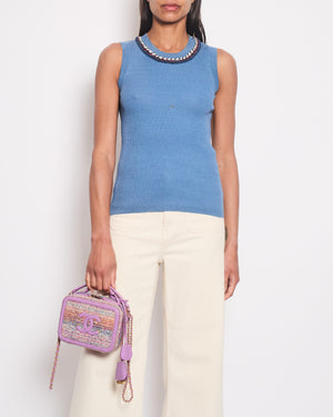 Chanel Blue Ribbed Knit Sleeveless Top With Red, White & Blue Tweed Embroidered Trim and CC Button Detail FR 36 (UK 8)