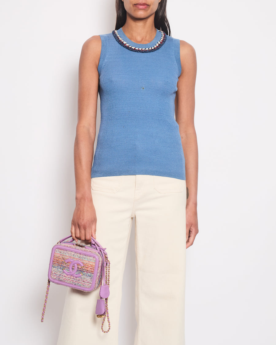 Chanel Blue Ribbed Knit Sleeveless Top With Red, White & Blue Tweed Embroidered Trim and CC Button Detail FR 36 (UK 8)