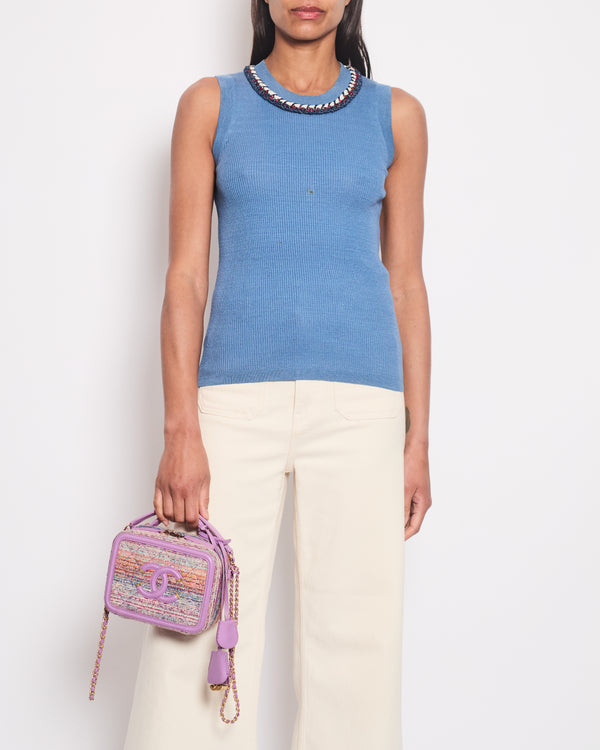 Chanel Blue Ribbed Knit Sleeveless Top With Red, White & Blue Tweed Embroidered Trim and CC Button Detail FR 36 (UK 8)