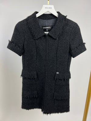 Chanel Charcoal Short Sleeve Mid Length Pocketed Jacket with Frayed Detail FR 34 (UK 6)