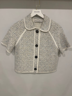 Christian Dior Light Blue Tweed Macrocannage Short-sleeved Jacket with CD Logo Buttons Size FR 34 (UK 6) RRP £2,300