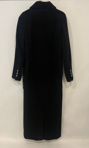 Chanel Black Shimmery Wool Long Coat with Gold CC Logo Buttons Size FR 34 (UK 6)