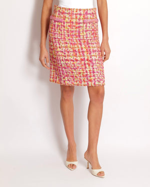 Chanel Tweed Pink and Multi-Colour Mini Skirt with Champagne Gold CC Logo Details Size FR 34 (UK 6)