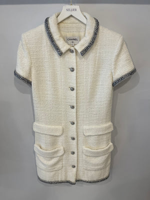 *HOT* Chanel 20S White Tweed Short-Sleeve Mini Dress with Silver Buttons and Embellishments Details FR 42 (UK 14) RRP £5,250