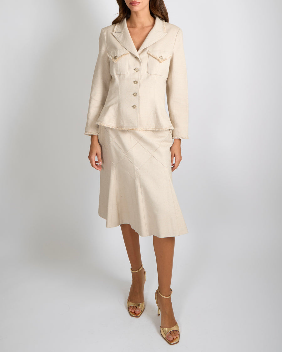 Chanel Spring 2006 Beige Silk Jacket and Skirt Set with Gold CC Logo Buttons Size FR 42 (UK 14)