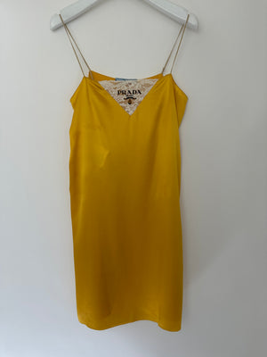 Prada Yellow Satin Mini Slip Dress with White Lace Insert and Black Prada Logo Size IT 38 (UK 6)