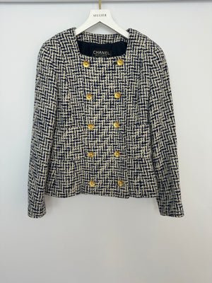 Chanel White and Navy Tweed Double Breasted Jacket with Gold Flower Button Detail FR 36 - 38 (UK 8 - 10)