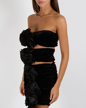 Magda Butrym Black Velours Strapless Cut-Out Mini Dress with Rose Appliques Size FR 38 (UK 10) £1,650