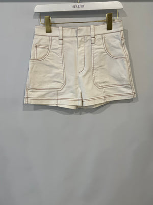 Chloe White Denim Shorts with Brown Stitching Detail Size FR 36 (UK 8) RRP £465