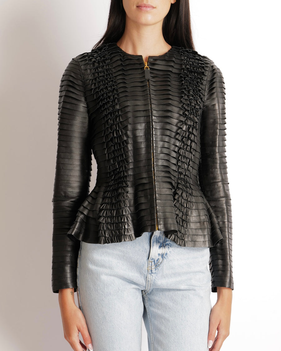 Gucci Black Leather Tiered Long-Sleeved Jacket with Ruffle Details and Gold Zipper Size IT 40 (UK 8)