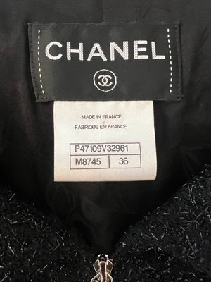 Chanel Black Shimmery Mini Dress with Silver Zip and Globe CC Buttons Detail Size FR 36 (UK 8)