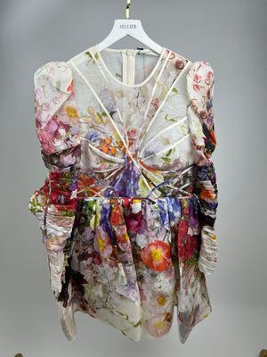 Zimmermann Multicoloured Linen Floral Long Sleeved Dress Size 3 (UK 14)