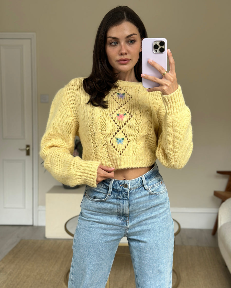 Alessandra Rich Yellow Long-Sleeve Cropped Sweater with Flower Detail IT 38 (UK 6)