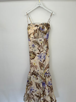 Zimmermann Beige, Brown and Blue Floral Linen Maxi Dress with Cut Out and Bow Detail Size 0 (UK 8)