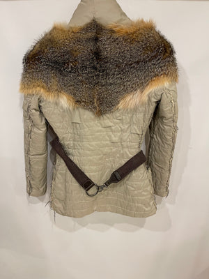 Ermanno Scervino Beige Belted Jacket with Fox Fur Collar Size IT 42 (UK 10)