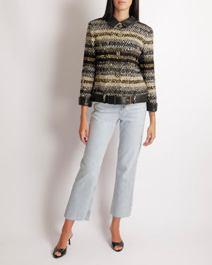 Chanel Métiers d'Art 2019 Black, White and Gold Tweed Jacket with Gold Sequin Embellishments and Leather Belt Detail with Black and Gold CC Logo Buttons Size FR 38 (UK 10)