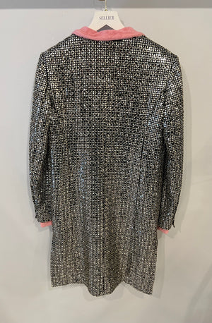 *HOT* Chanel Resort 2024 Silver Mirror Sequins Robe Coat with Detachable Pink Cloth Collar Trim and Sleeve Cuffs with Pink CC Logo Buttons Size FR 38 (UK 10)