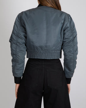 Louis Vuitton Grey Cropped Bomber Jacket with Black Cuffs and Logo Zipper Detail Size FR 36 (UK 8)