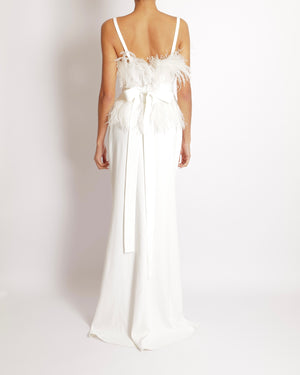 Elie Saab White Long Gown with Asymmetric Straps and Ostrich Feather Trims Size FR 40 (UK 12)