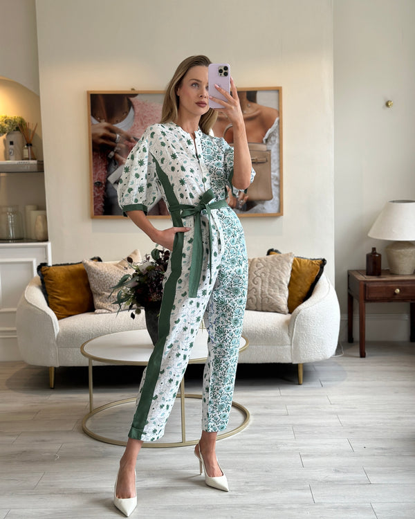 Hannah White, Green Linen Floral Short-Sleeve Jumpsuit with Belt Size 0 (UK 6)