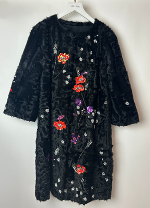 Valentino Black Shearling Long Sleeve Coat with Floral Sequin Embellishments IT 40 (UK 8)