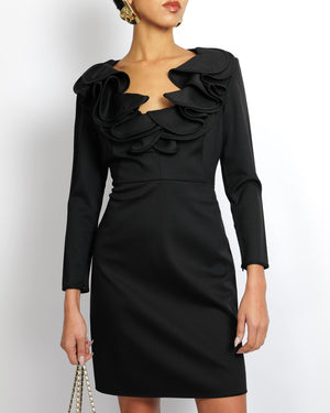 Valentino Black Long-Sleeved Mini Dress with Ruffled Collar Applique Size IT 42 (UK 10)
