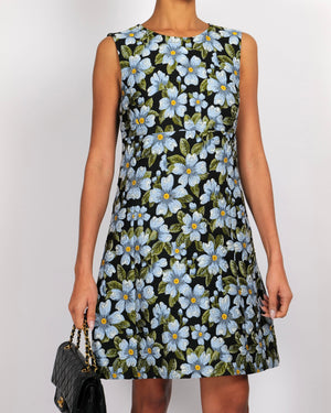 Dolce & Gabbana Black Sleeveless Mini Dress with Blue Floral Prints Size IT 42 (UK 10)