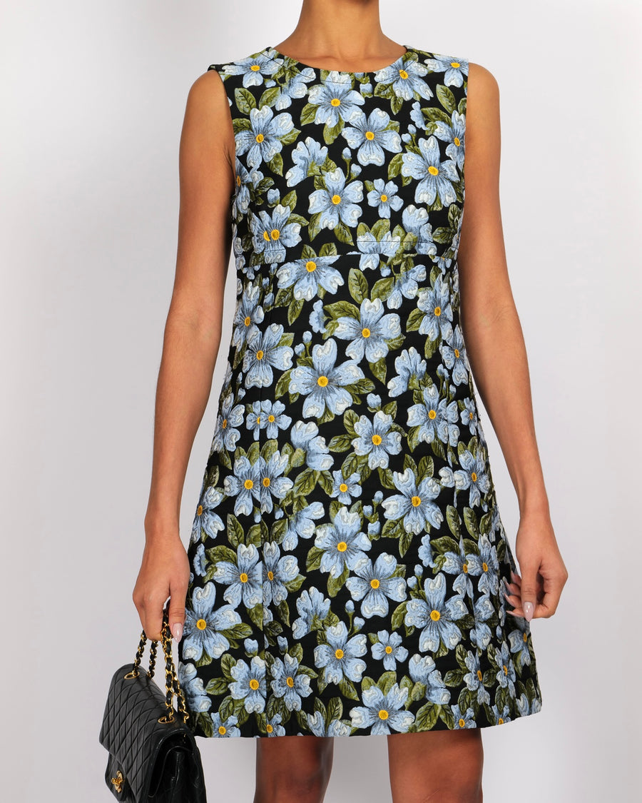 Dolce & Gabbana Black Sleeveless Mini Dress with Blue Floral Prints Size IT 42 (UK 10)