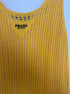 Prada Yellow Crochet Knitted Mini Dress with White Slip Size IT 38 (UK 6)