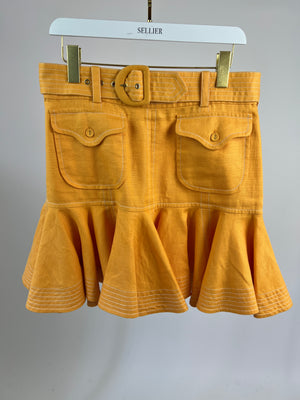 Zimmermann Yellow Linen Ruffle Belted Mini Skirt with Pocket Detail Size 3 (UK 14)