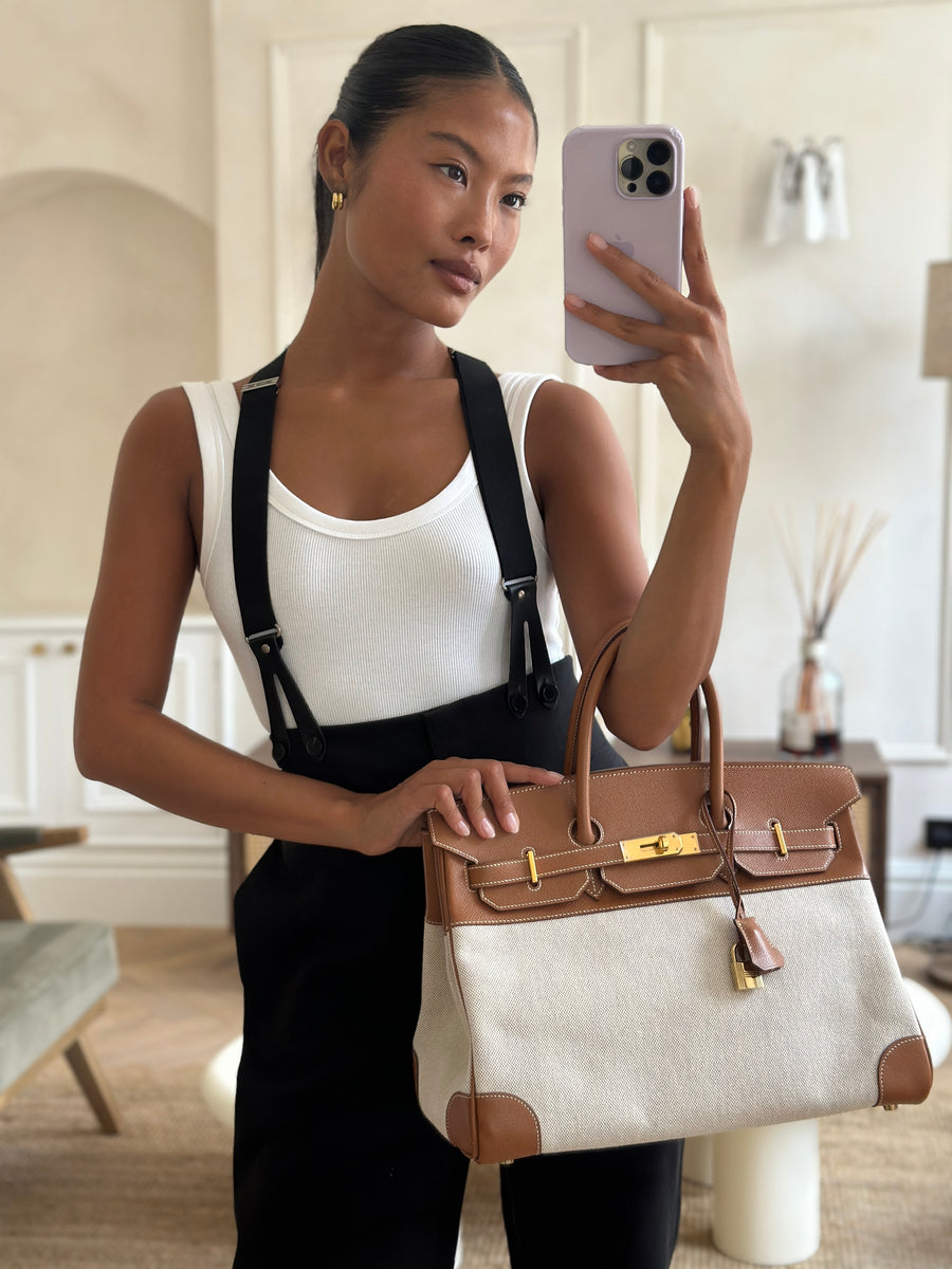 *HOLY GRAIL* Hermes Vintage Birkin 35cm Bag in Gold Courchevel Leather & Ecru Canvas with Gold Hardware
